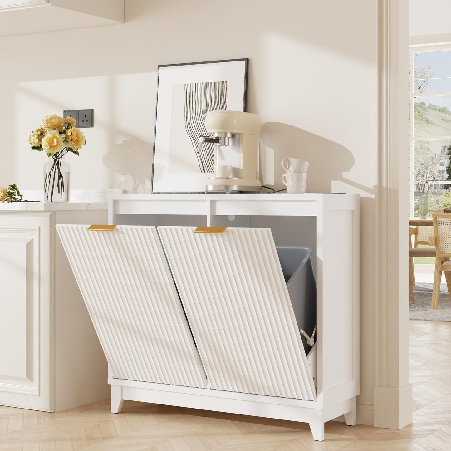 Double Tilt Out Trash Can Cabinet with Odor Control, Outlets, Fluted Trash Cabinet 13 Gallon Hidden Bin Storage, Modern Kitchen Cabinet with Soft-Close Door, Laundry Hamper Cabinet for Bathroom