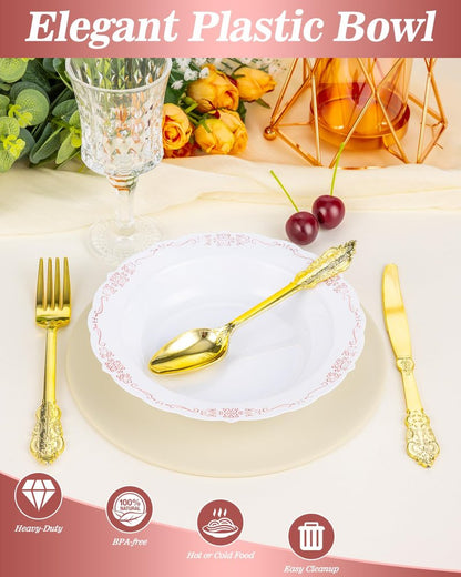 Bestluck 100 Pack Clear Red Plastic Bowls with Gold Rim, 12oz Plastic Salad Bowl, Disposable Bowls for Party, Dinners, Weddings, Christmas, Thanksgiving, Valentine's Day