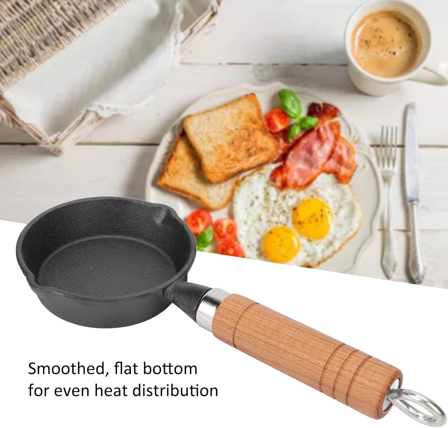 Fdit 10CM Casting Iron Frying Pan, Wood Handle Egg Skillet, Mini Flat Bottomed Pancake Pan