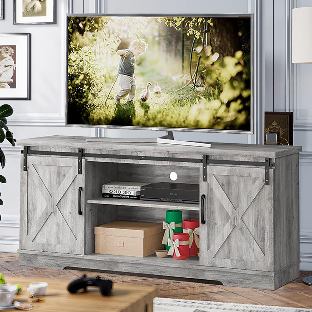 IDEALHOUSE Farmhouse TV Stand, Entertainment Center for 65 Inch TV Media Console Cabinet, White Barn Doors TV Stand with Storage and Shelves, Modern TV Console Table Furniture for Livingroom (Gray)