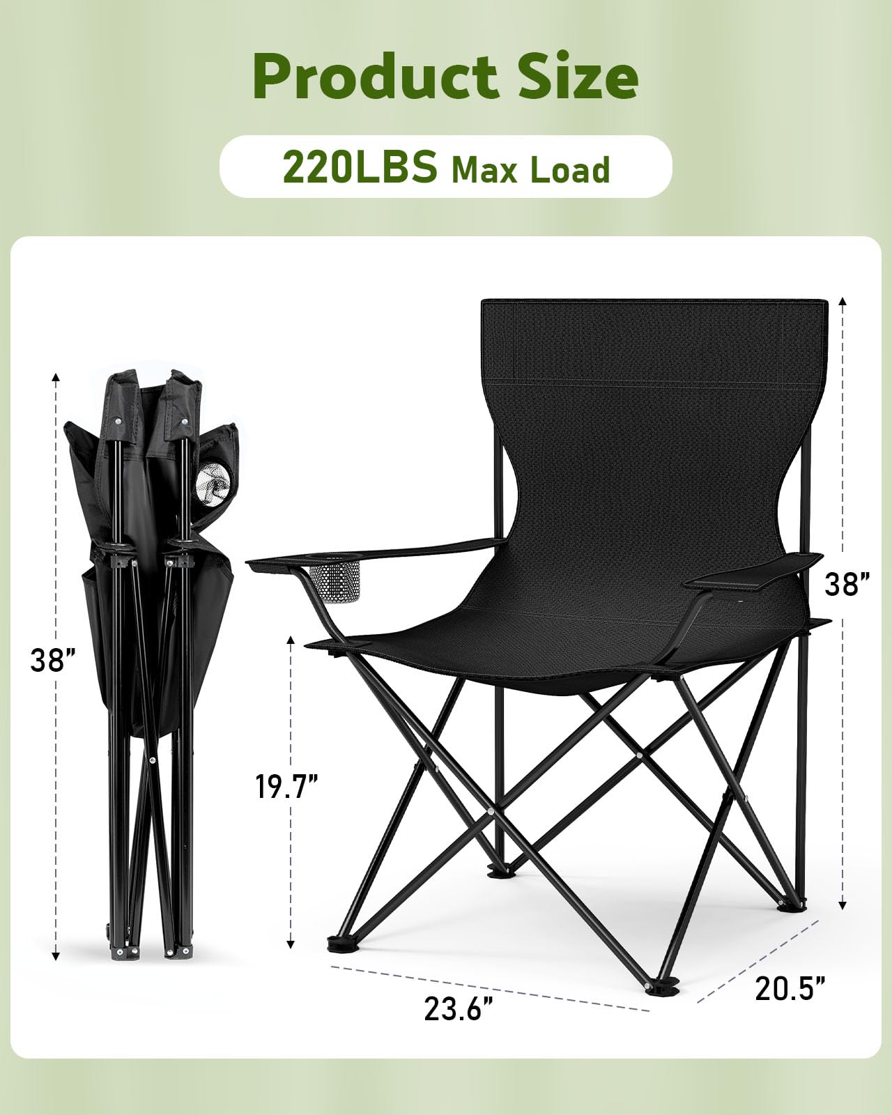 YSSOA Portable Folding Black Camping Chair, 2-Pack