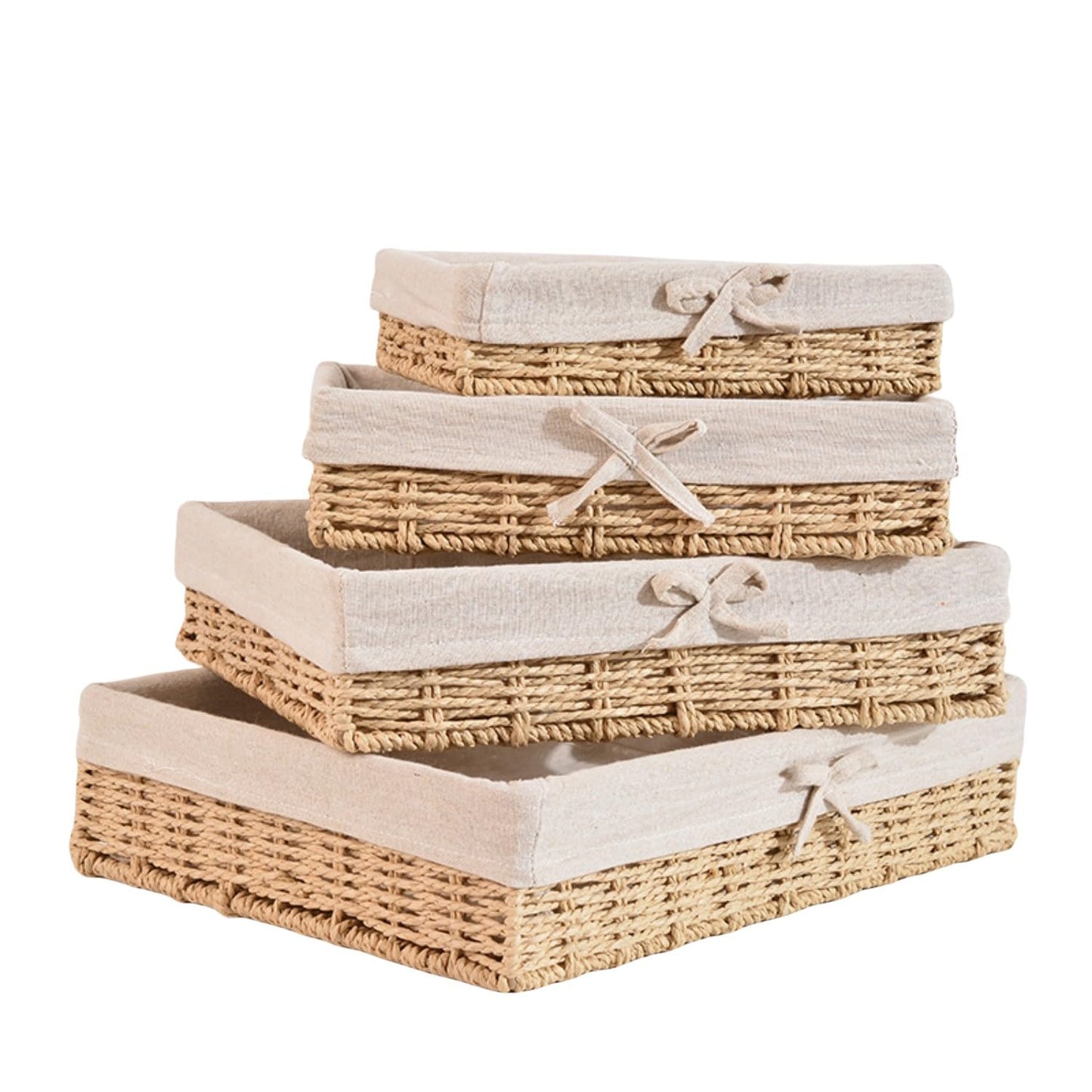 Shallow Storage Baskets for Shelves, Set of 4 Lined Wicker Baskets for Organizing, Khaki Paper Rope Shelf Storage Bins for Pantry, Closet, Bathroom