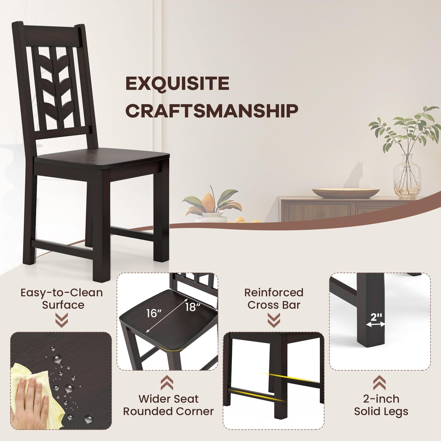 NAFORT Solid Wood Dining Chairs Set of 6, Brown Kitchen Table Chair with Max Load of 430 Lbs, High Chevron Back Dining Room Chairs for Dining Table in Kitchen and Dining, Home Office, Restaurant