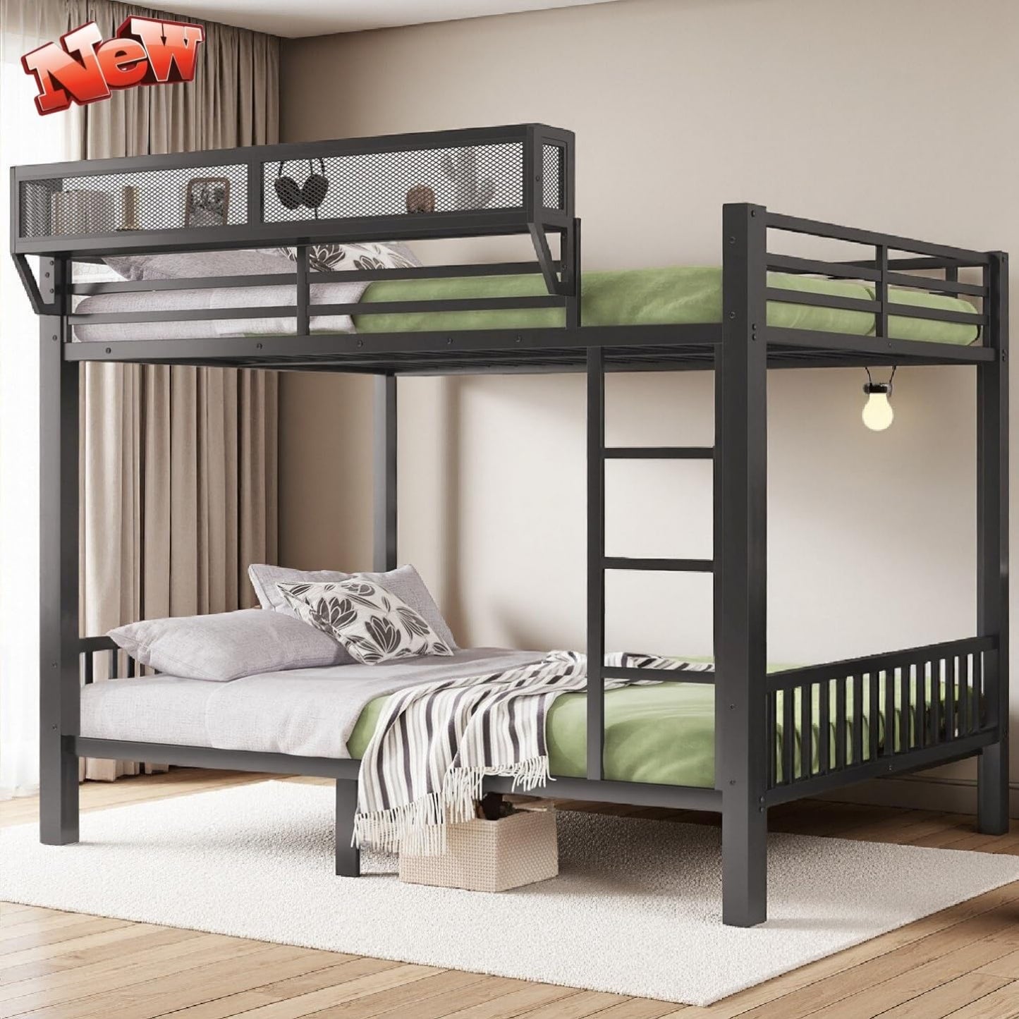 QLUSAN Upgraded & Stronger Heavy Duty Metal Bunk Bed Queen Over Queen Size, Safer Thickened More Stable Bunkbed Bunk Bed Frame (Easier to Assemble) (Queen Over Queen-A)