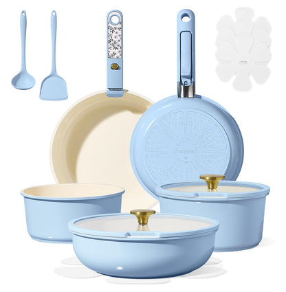 CAROTE 15Pcs Ceramic Cookware Set, Pots and Pans Set Non Stick, Kitchen Cooking Set with Detachable Handle, Non Toxic Induction Cookware, Dishwasher/Oven Safe