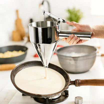 Lyhubmh 40oz Stainless Steel Pancake Batter Dispenser, Pancake Dispenser with Stand and Squeeze Handle, 4 Interchangeable Nozzles for Pancakes, Cupcakes, Waffles and Baked Goods