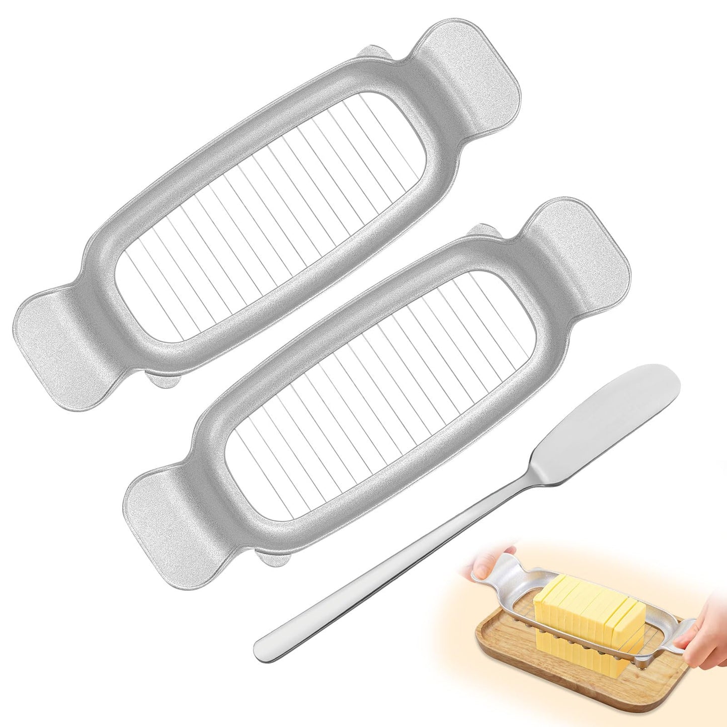 Diakey 2 Pack Butter & Cheese Slicer Cutter, 17 Wires Butter Cutter with Stainless Steel Spreader Knife, Ergonomic Handle Portable Grip for Block Cheese, Soft Fruit, Egg