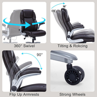ZLHECTO Big and Tall Office Chair, Ergonomic Desk Chair with Flip-up Arms, PU Leather Office Chair for Home Office, Computer Chair with Adjustable Lumbar Support, Space Saving Executive Task Chair