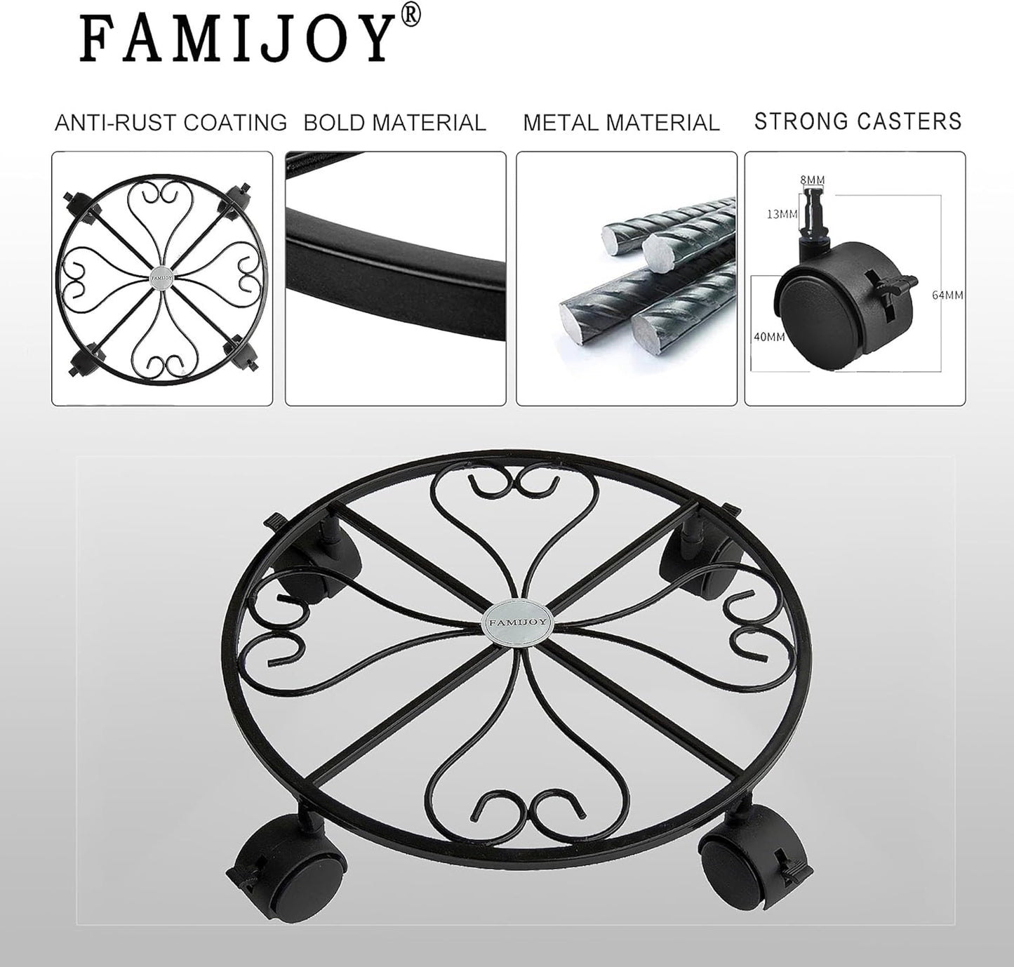FAMIJOY 2 Pack Caddy,12 Inch 4 360 (12 Inches, Metal Plant Plant Stand Round Plant Roller with Lockable Caster Wheels