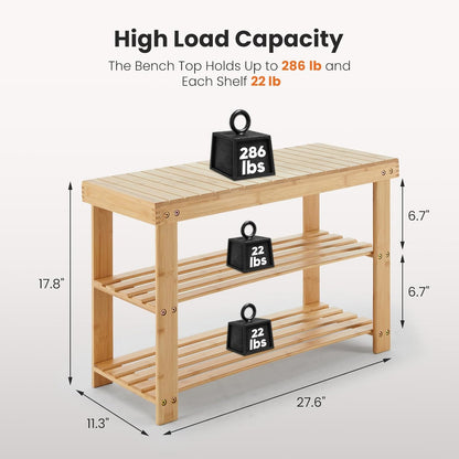 3-Tier 286lb 11.3 27.6 17.8 Inches, Sweetcrispy Shoe Rack Bench, Bamboo Entryway Storage Organizer, Capacity, Shoes