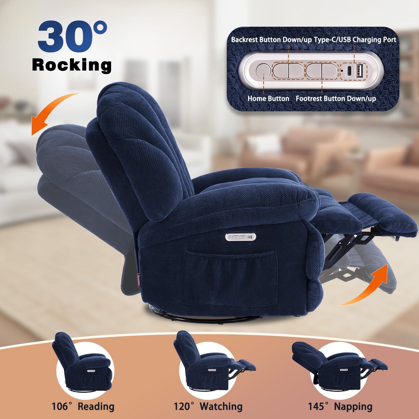 EONIX Dual Motor Power Swivel Rocking Recliner Chair for Living Room, Armless Oversized Shell Shape Lazy Boy Rocker Recliner, Plush Fabric Thickened Cushion, Elevated Soft and Comfort, Navy Blue