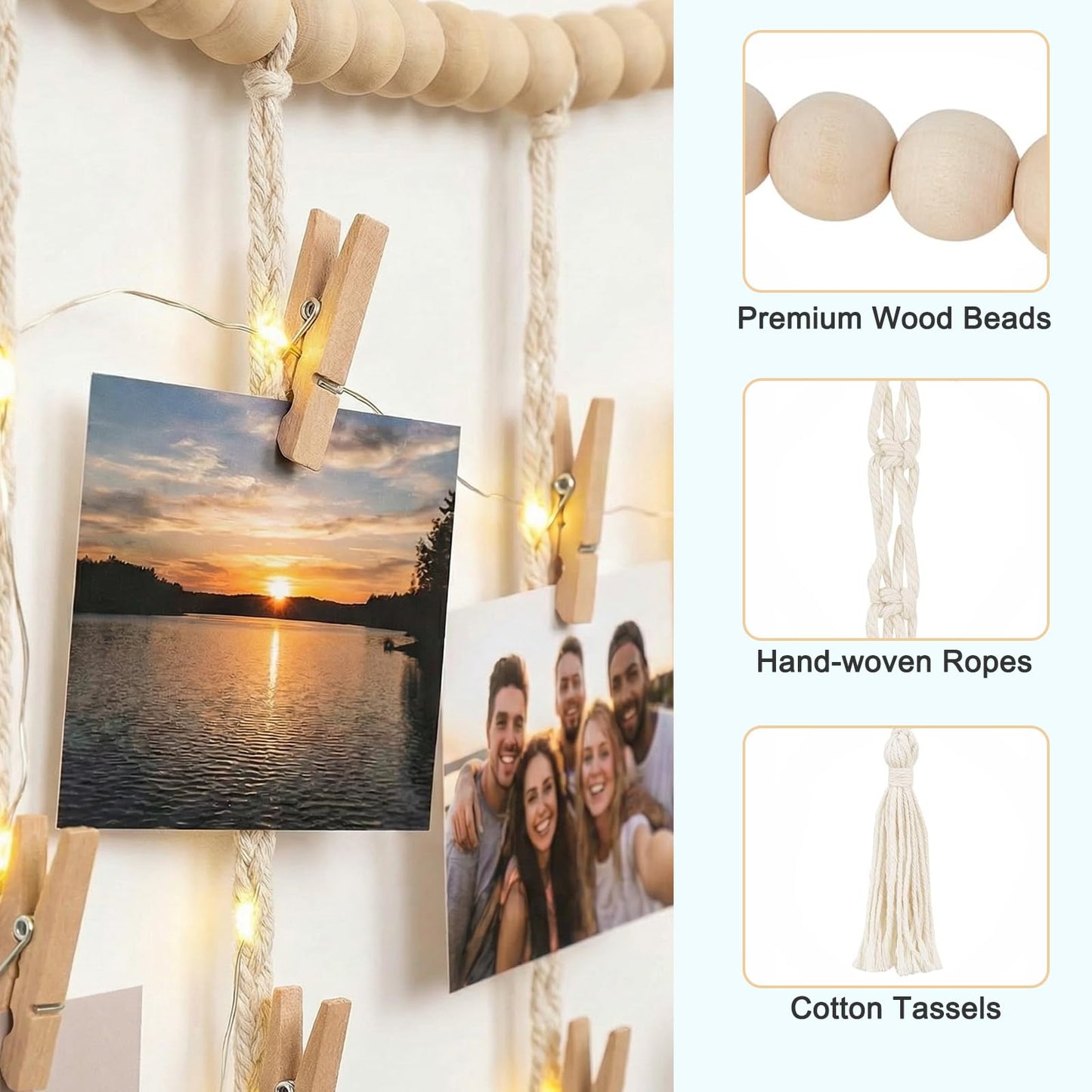 shuielai Macrame Hanging Photo Display with String Lights, Boho Wall Decor with Wooden Beads Garland & Clips, Picture Collage Holder for Bedroom Living Room Dorm, for Teen Girls