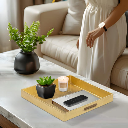 13" 13" 1.6" MAONAME Gold Decorative Tray with Handles, Foil Serving Tray for Ottoman, Square Coffee Table Trays