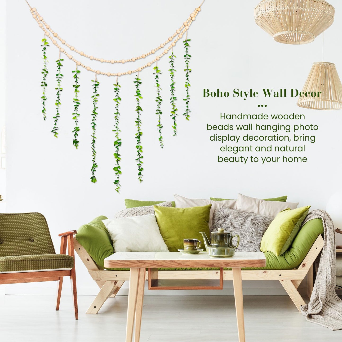 TXIN Hanging Photo Display Holder Wall Decor with Wooden Cards Clips, Boho Style Picture Frame Wood Beads Garland Artificial Eucalyptus Plant Home Decoration for Farmhouse Greenery Cubicle Bedroom