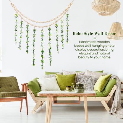 TXIN Hanging Photo Display Holder Wall Decor with Wooden Cards Clips, Boho Style Picture Frame Wood Beads Garland Artificial Eucalyptus Plant Home Decoration for Farmhouse Greenery Cubicle Bedroom