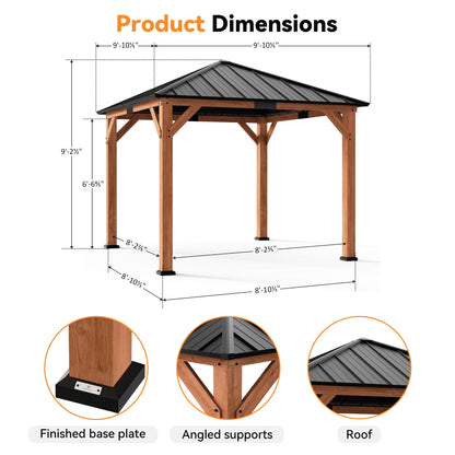 Modern Shade Tranquil Grove Wood Gazebo 10' x 10', Permanent Hardtop Gazebo with Galvanized Steel Roof, Mosquito Netting and Curtains, Cedar Outdoor Gazebo with Sturdy Hooks for Backyard