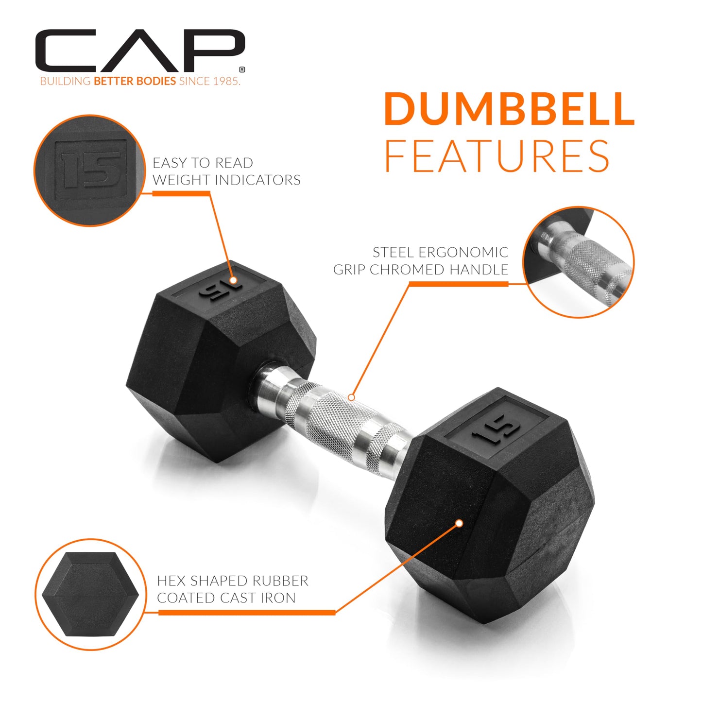 CAP 210 lb Rubber Coated Hex Dumbbell Set with Vertical Rack, Space-Saving Storage for Home Gym Strength Training, Chrome Handle, Black Rack