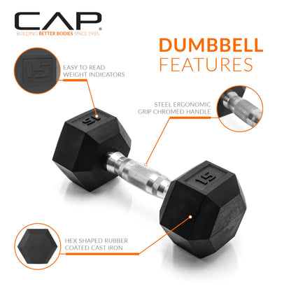 CAP 210 lb Rubber Coated Hex Dumbbell Set with Vertical Rack, Space-Saving Storage for Home Gym Strength Training, Chrome Handle, Black Rack