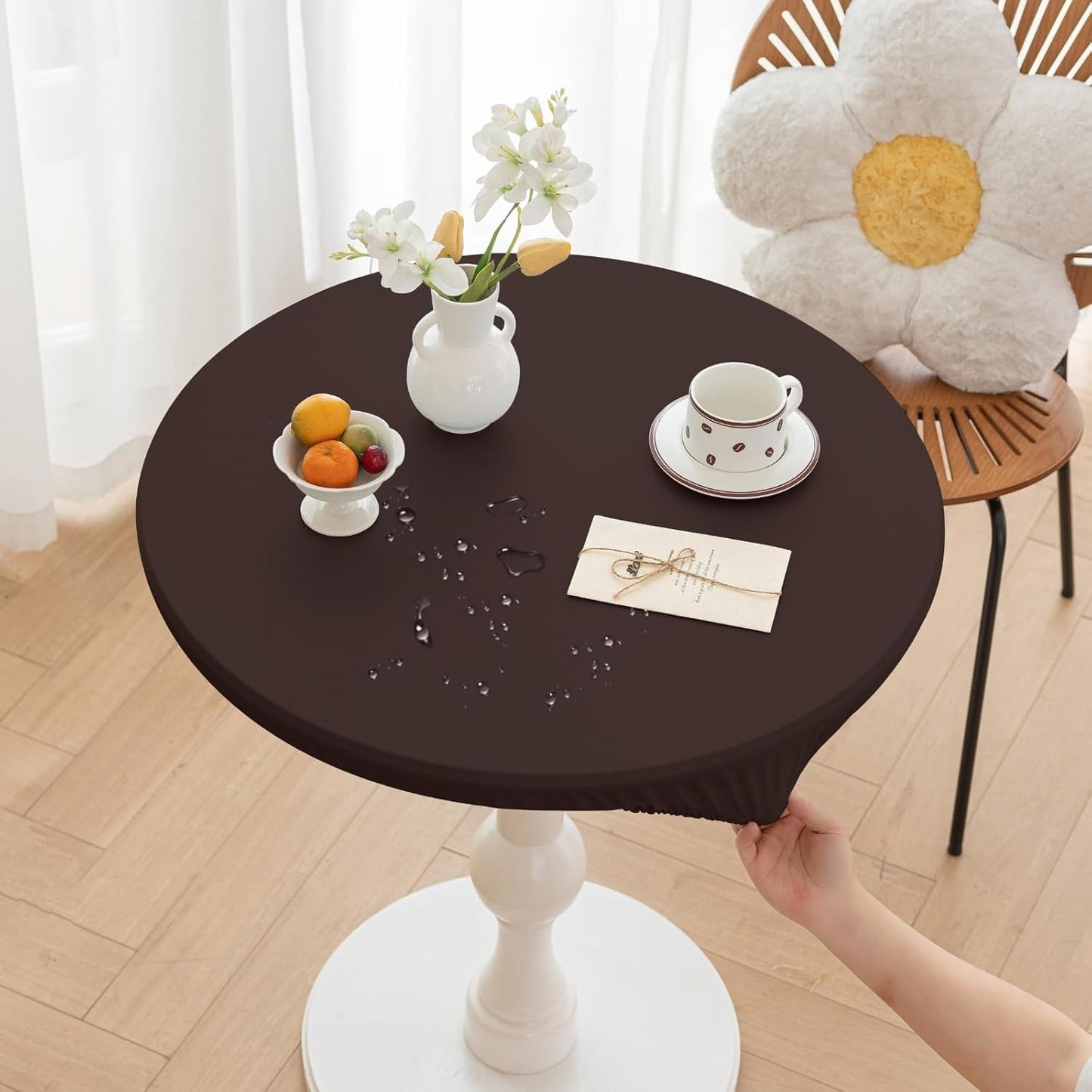 47 Inch (Coffee,47" Round Fitted PU Tablecloth with High Elastic Edge Dia Waterproof Oil Proof Table Cloth Anti-Scald
