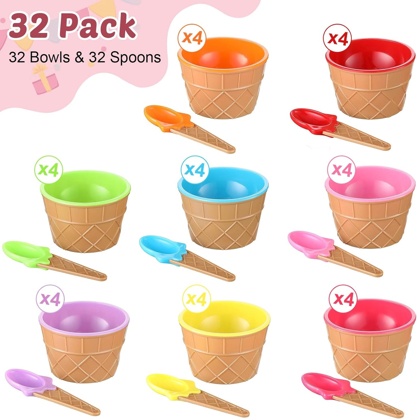 32 Pack 8 Summer Reusable Plastic Ice Cream Bowls and Spoons Candy Colors Ice Cream Cups Ice Cream Party Decorations