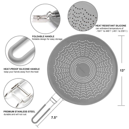 13” Silicone Splatter Screen Pan Cover with Folding Handle, Heat Insulation Cooling Mat, Strainer, Drain Board, Oil Splash Guard for Frying Pan