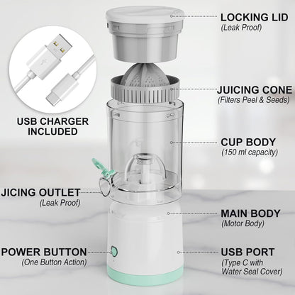 Electric Juicer Rechargeable, Portable Citrus Juicer Machine with USB and Cleaning Brush for Orange, Lemon, Citrus,