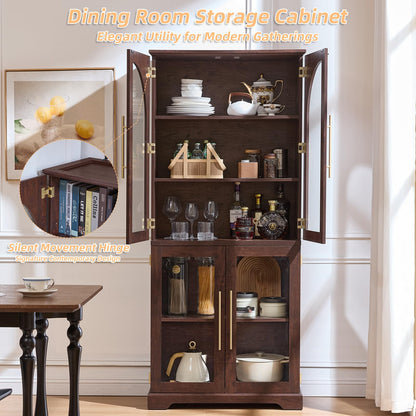Joaxswe 72" Tall Bookshelf with 4 Curved Glass Doors, Farmhouse Bookcase with 3-Tier Adjustable Shelves, Modern Living Room Display Cabinet, Large Storage Cabinet for Home Office,Dining Room, Walnut