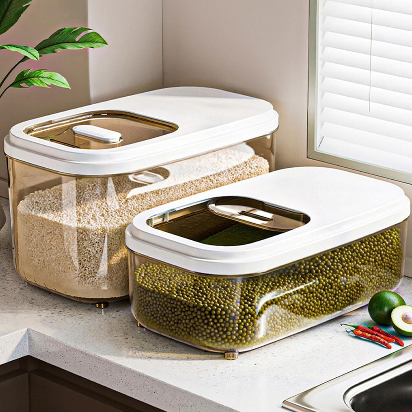 HOFSIN Rice Storage Container, Airtight Food Storage Containers 11-22 Lbs, Rice Dispenser with Measuring Cup and Small Bin for Flour Cereal Pasta Grain, Pet Bird Food Container (Small-11LBS)
