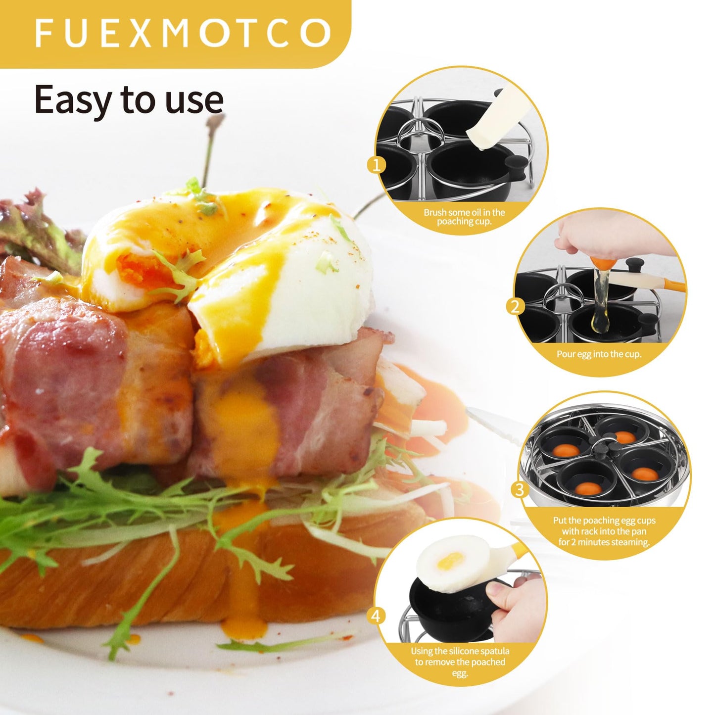 Fuexmotco Egg Poacher Pan, Stainless Steel Egg Poaching Pan for Benedict Breakfast Maker, Poached Egg Cookware with 4 Nonstick Large PFOA Free Egg Poacher Cups and Silicone Spatula