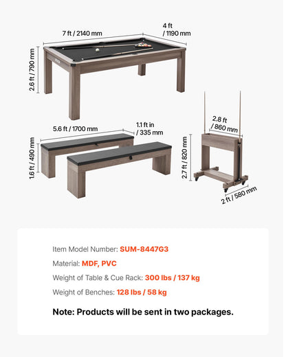 VEVOR 7ft Pool Table Combo Set, 3-in-1 Multi Game Billiards Tables with Dining Top and Ping Pong, 2 Benches for Storage and Accessories, Includes Ball Cue Rack Chalk Brush, for Family Recreation Room