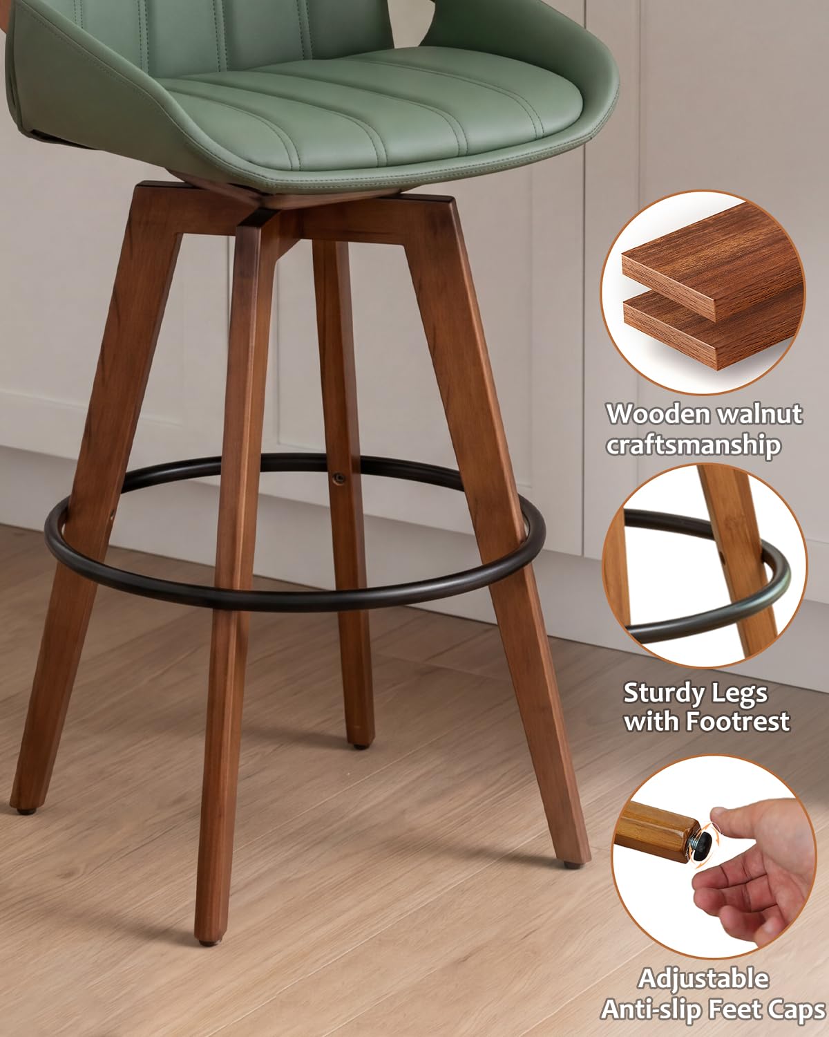 AQG Green Bar Stools 30 Inch Set of 2 Leather Bar Height Stools with Backs, Mid Century Modern Swivel Bar Chairs, Upholstered Barstools Wood Frame for Kitchen Island