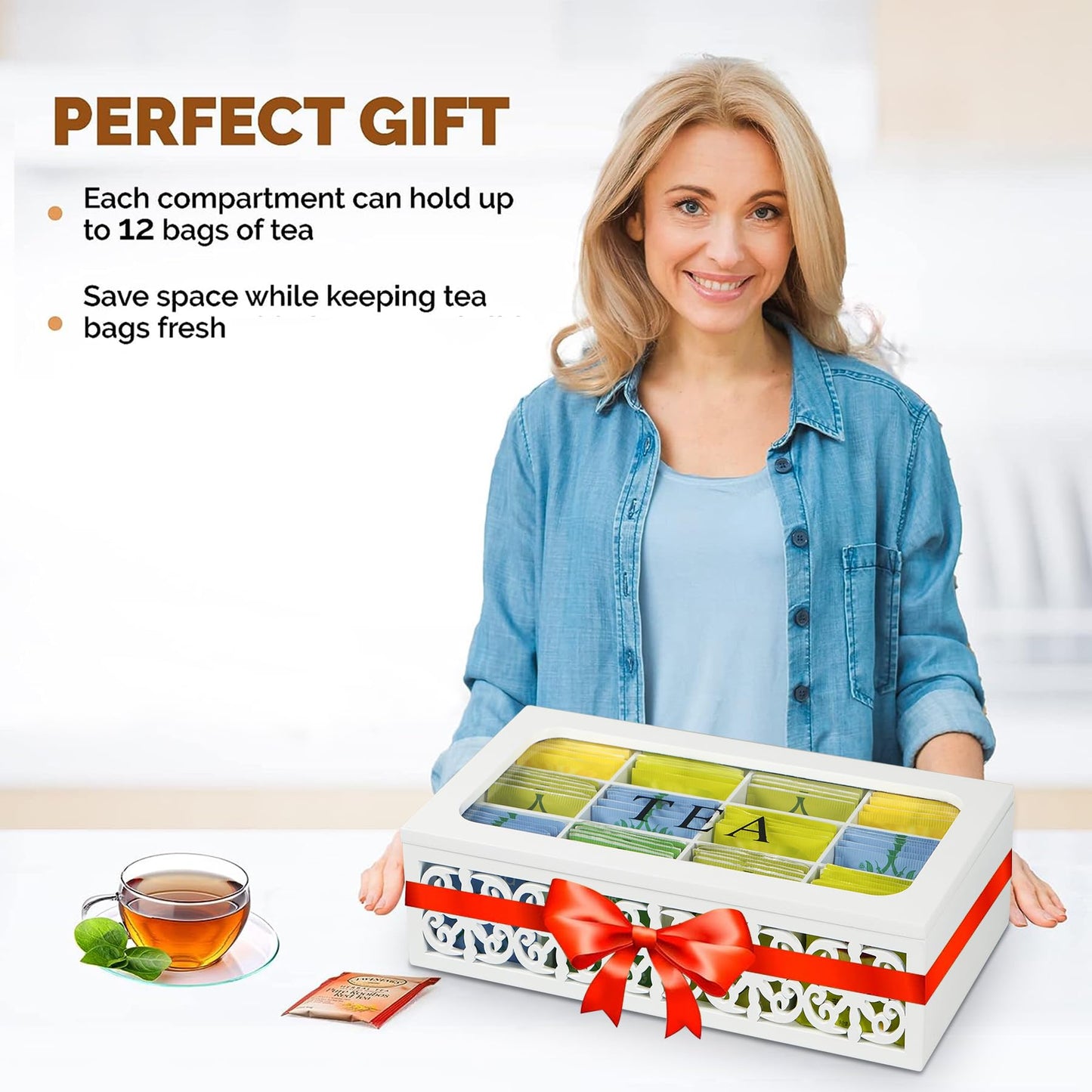 handrong Wooden Tea Box,12 Compartments Tea Organizers and Storage,Decorative Tea Bag Holder Organizer with Clear Top for Countertop Kitchen Cabinet Pantry