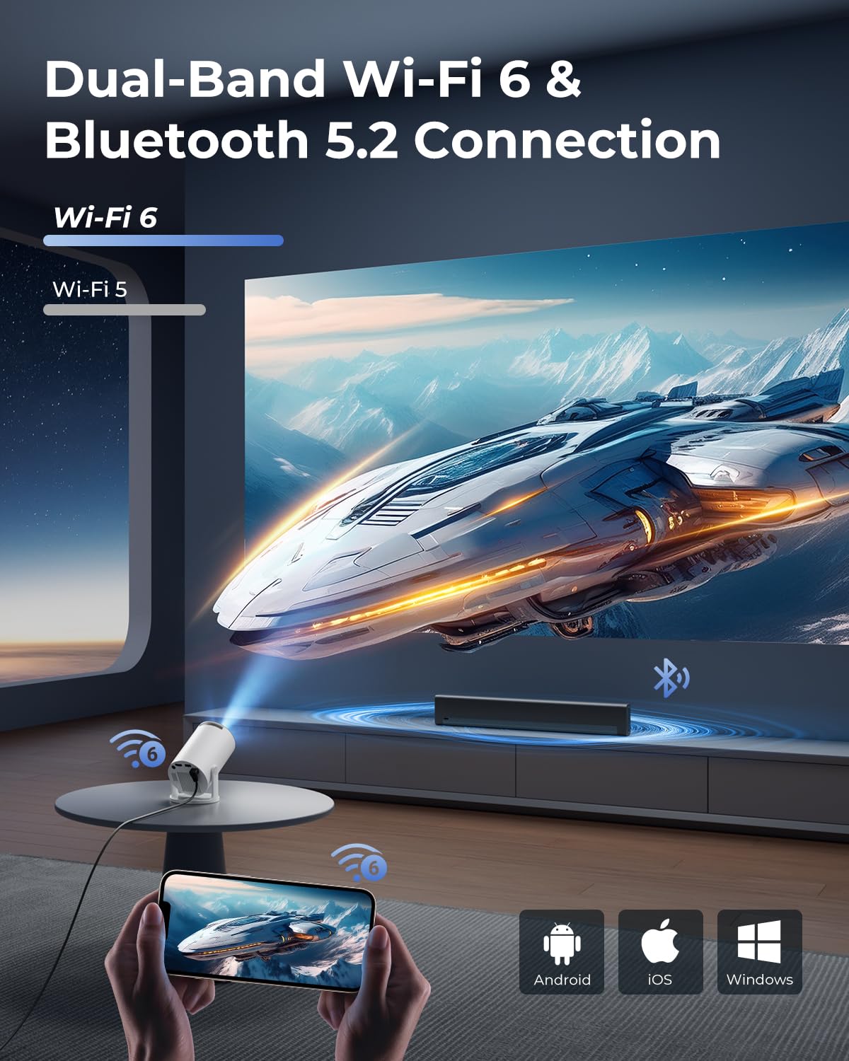 CLOKOWE Mini Projector with WiFi and Bluetooth - Built-in Apps, Smart Portable Projector with 180° Rotation, Auto Keystone, Support 1080P, Compatible with HDMI/USB/TV Stick/Smartphone/Laptop