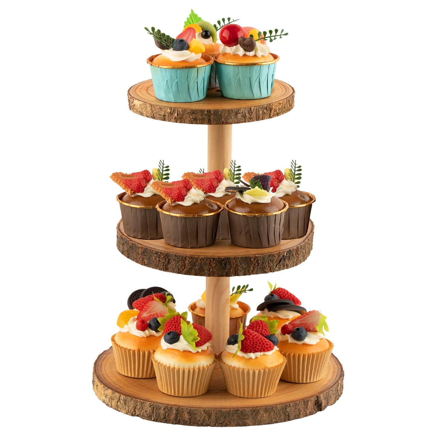 Gusnilo Rustic 3-Tier Wooden Cupcake Stand & Cake Tower – Natural Paulownia Wood Tiered Display for Weddings, Parties, Baby Showers, Holidays (Farmhouse Décor, Handcrafted Bark Design)