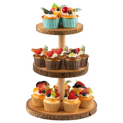 Gusnilo Rustic 3-Tier Wooden Cupcake Stand & Cake Tower – Natural Paulownia Wood Tiered Display for Weddings, Parties, Baby Showers, Holidays (Farmhouse Décor, Handcrafted Bark Design)