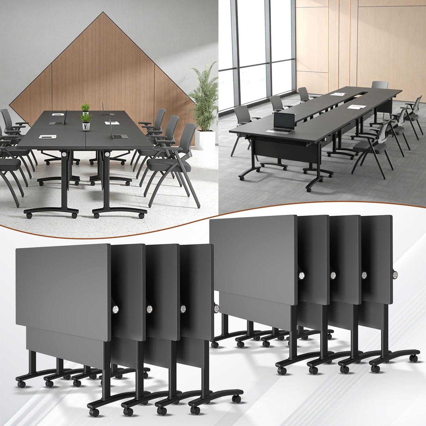 CUAOCEZ 8-Pack Modular Folding Conference Table with Wheels, 61" Flip Top Mobile Training Table, Heavy-Duty 550 lbs Capacity, Space-Saving Vertical Fold for Office Classroom & Seminar, Black