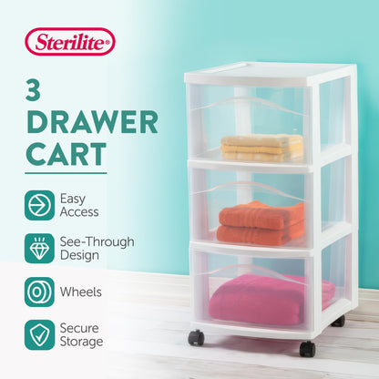 Sterilite 8 Pack 3 Drawer Storage Cart, Plastic Medium Organizer with Wheels, White - Multipurpose Bin for Crafts, Accessories, or Office Supplies