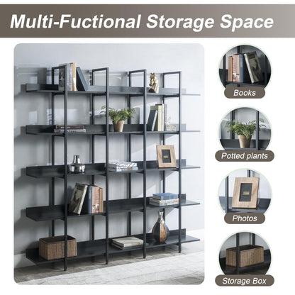KCSWKJ 5 Tier Bookcase Home Office Open Bookshelf, Vintage Industrial Style Shelf with Metal Frame, MDF Board