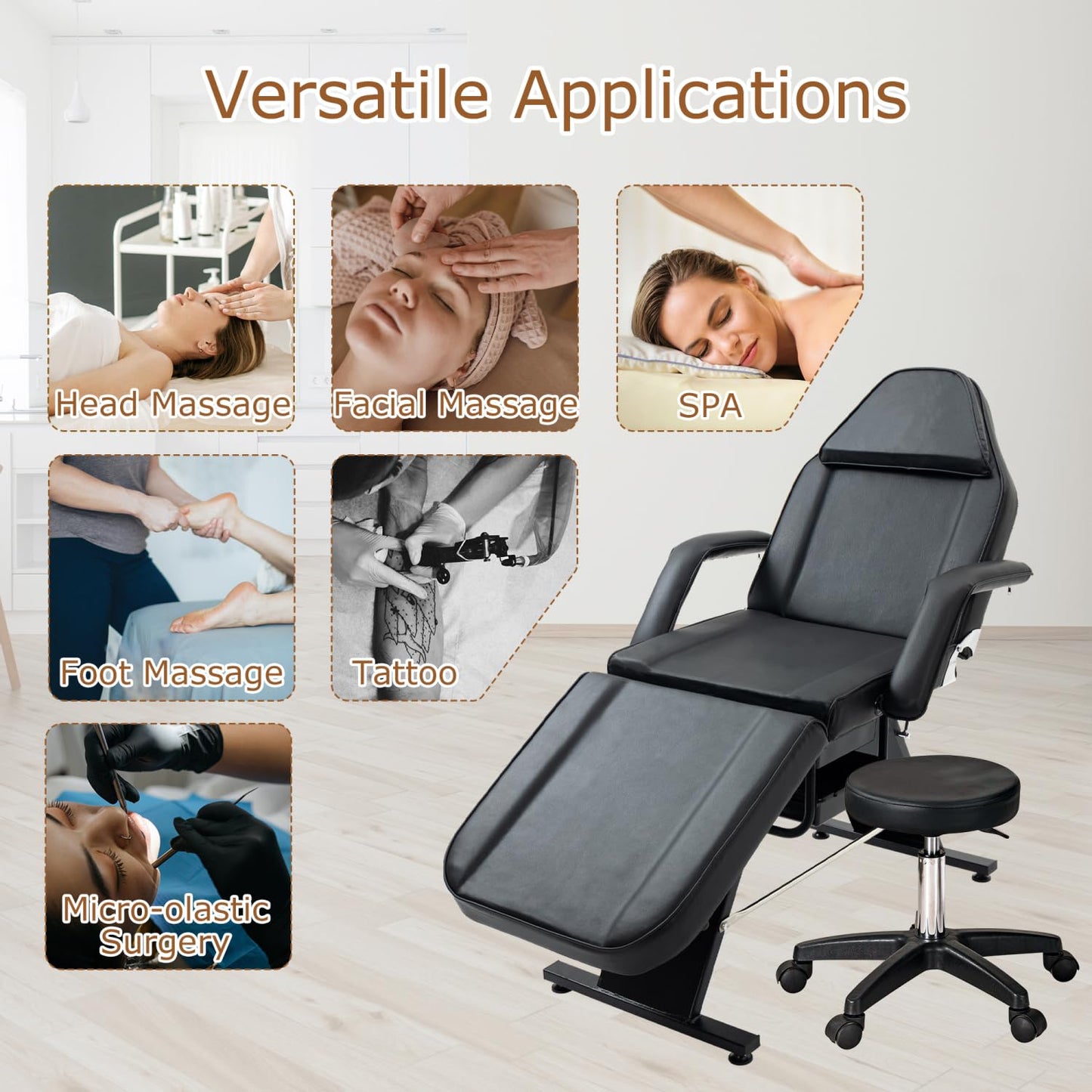 Geelife Massage Salon Tattoo Chair with Hydraulic Stool, Multi-Purpose 3-Section Facial Bed Table, Adjustable Beauty Barber Spa Equipment, Black