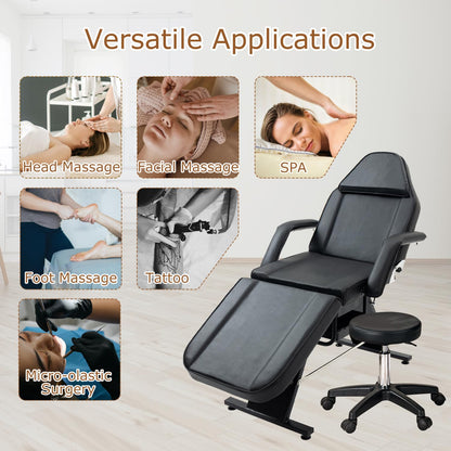 Geelife Massage Salon Tattoo Chair with Hydraulic Stool, Multi-Purpose 3-Section Facial Bed Table, Adjustable Beauty Barber Spa Equipment, Black