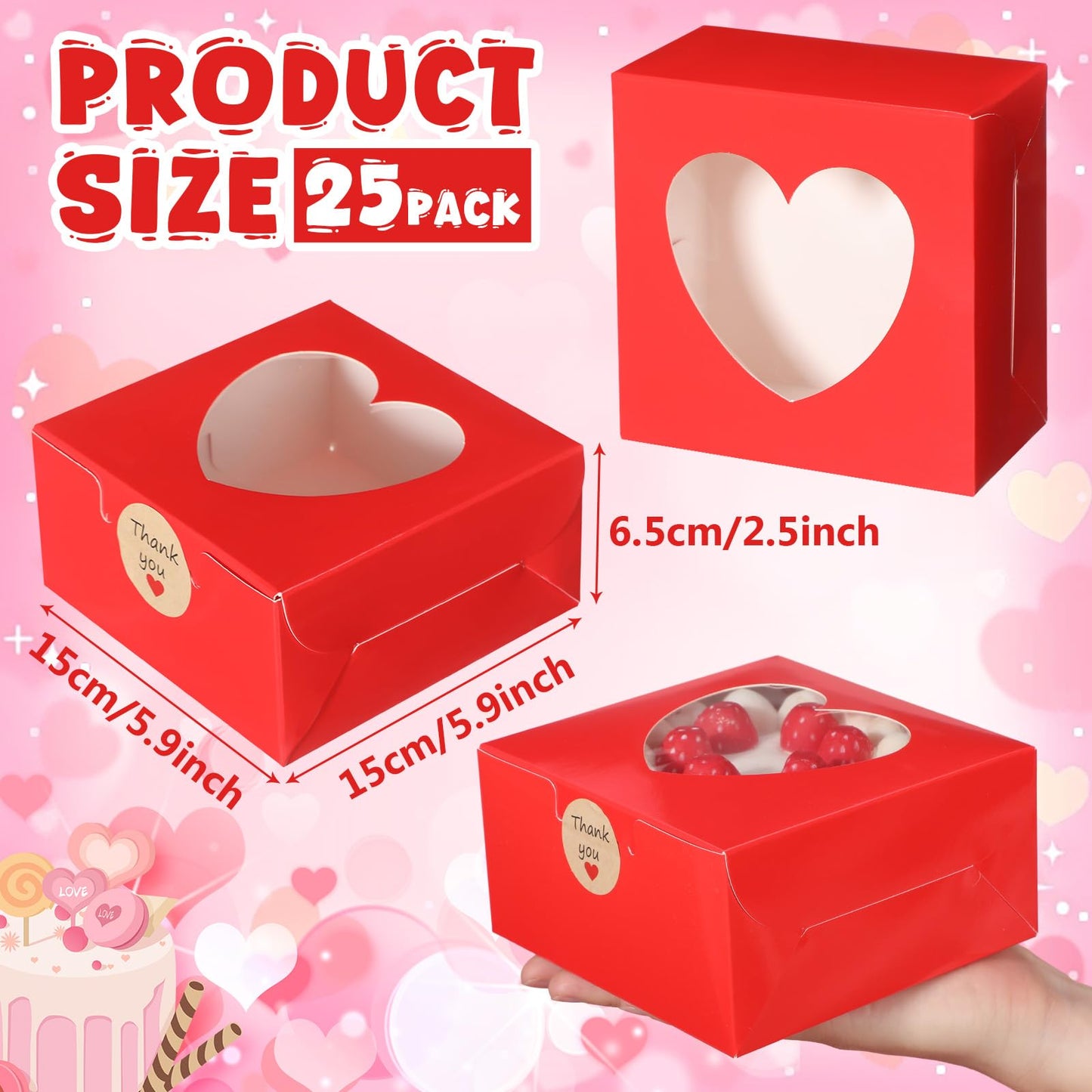 Janlaugh 25 Pcs Red Bakery Boxes for Women Mother with Window Heart Cupcake Treat Cookie Dessert Box Bulk Mom Gift for Chocolate Strawberries Donuts Candy Party Favor (6x6x2.5 Inch)