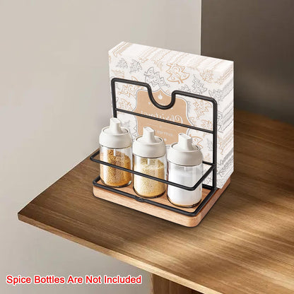 Livabber Napkin Holder, Metal Napkin Storage with Salt and Pepper Shakers Caddy Modern Napkin Dispenser for Table Kitchen Countertop, Not Including Salt and Pepper Shakers (Middle Wooden, Black)