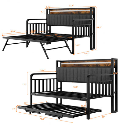Daybed with Trundle and LED Light, Heavy Duty Metal Twin Bed Frame with Upholstered Storage Headboard & Charging Station, Day Bed Pop Up Trundle Bed Twin for Living Room,Bedroom and Guest Room, Brown