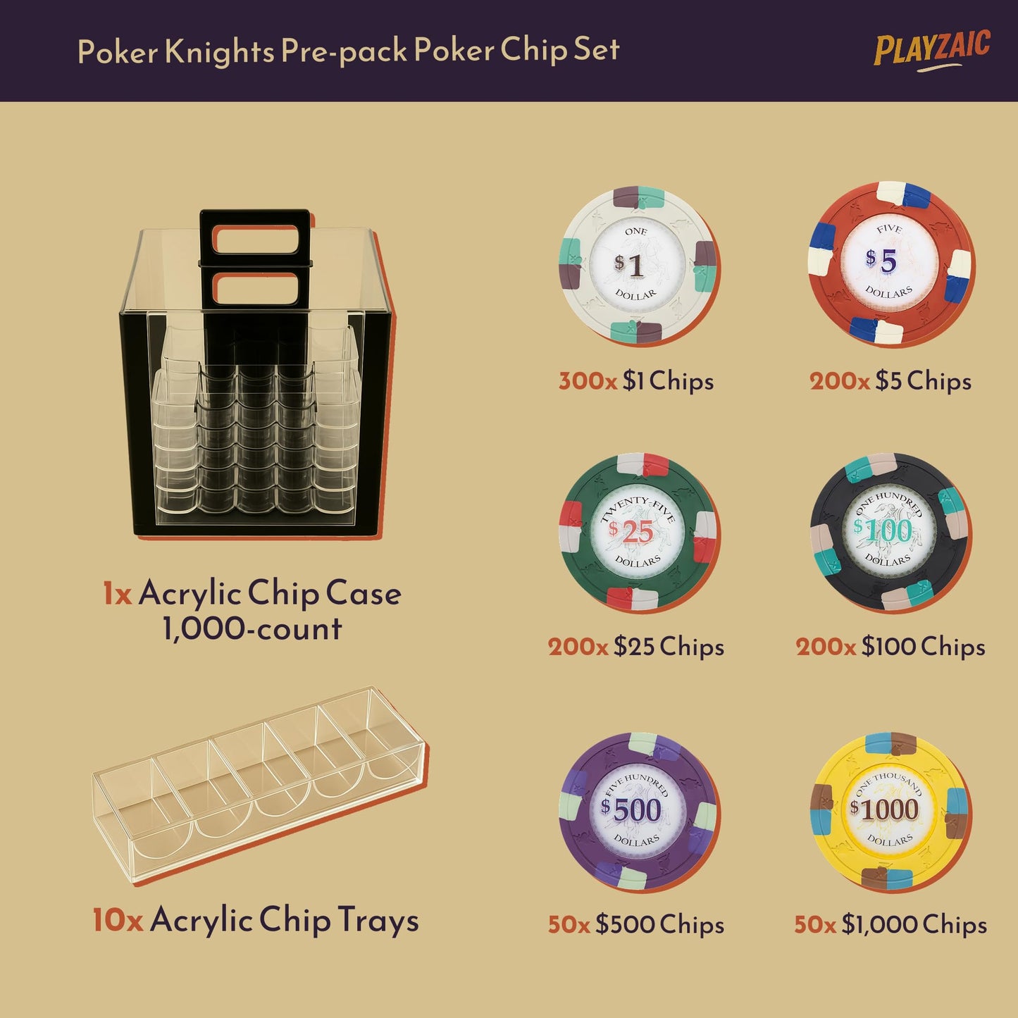 Playzaic 1000-piece Acrylic Poker Knights Poker Chip Case - 13.5-gram Heavy Clay Composite Set - Casino Chips for Texas Holdem, Blackjack - Betting Game Accessories