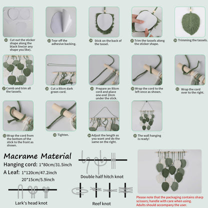 DIY Macrame Leaf Wall Hanging Beginners Macrame Kit, Includes Detailed Step-by-Step Instructions, Boho Macrame Leaf Tapestry Kit Wall Hanging, Handmade Enthusiast Gift for Home Living Room Bedroom