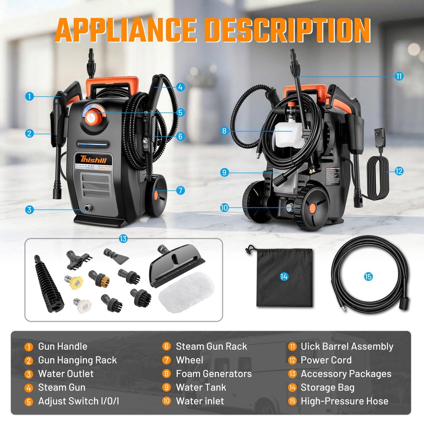This Hill 2-in-1 Pressure Washer and Steam Cleaner, 3000 PSI 2 GPM Power Washer, 1500W Steam Cleaner with 1L Tank, Portable Cleaning Machine for Car Detailing, Patio, Tile, Grout, Furniture