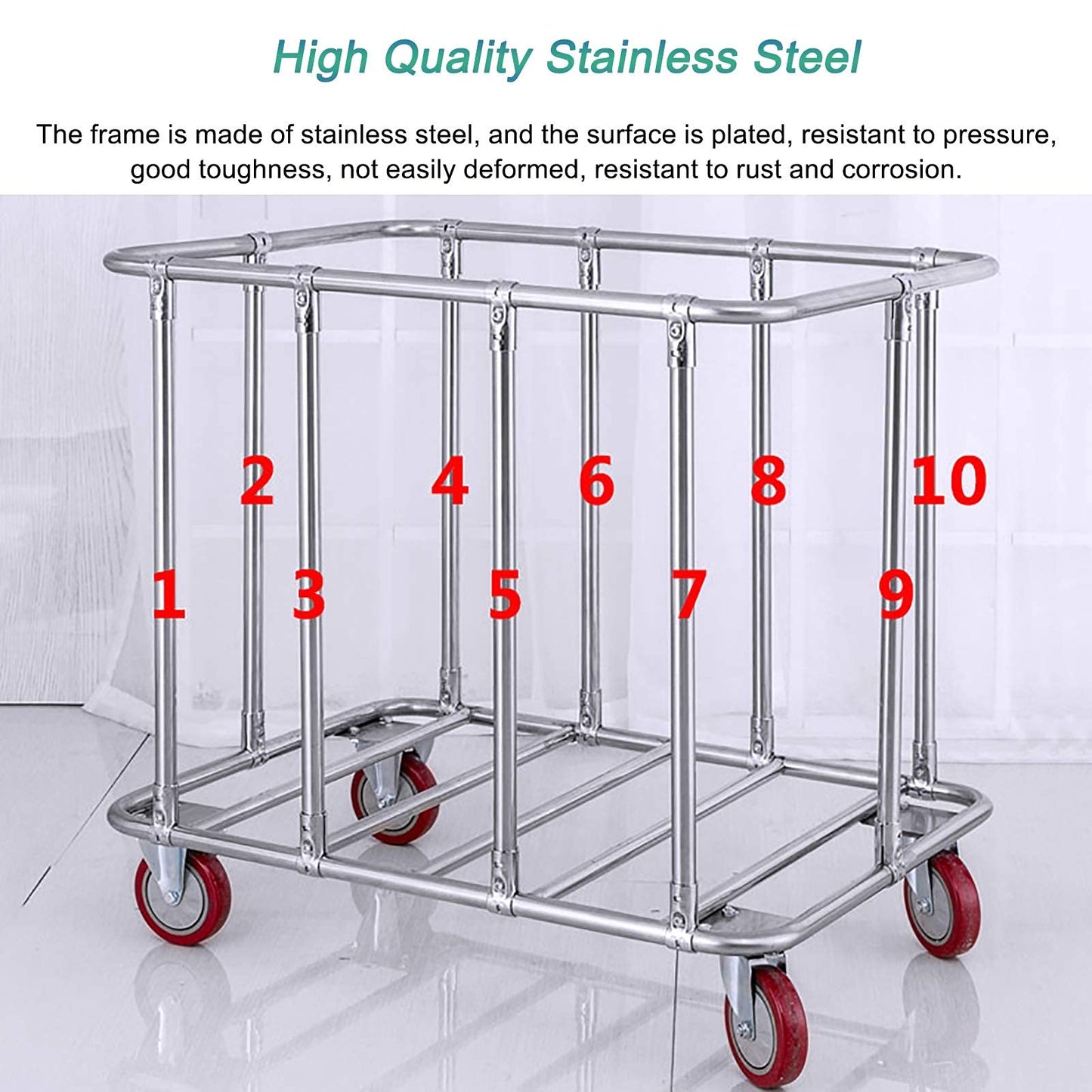 WANGKENSU Commercial Heavy Duty Large Laundry Hamper Sorter Cart with 6 Cloth Bag & 5 Inch Wheels, Stainless Steel & Oxford Cloth, Max Load 150kg (Blue) (Brown)