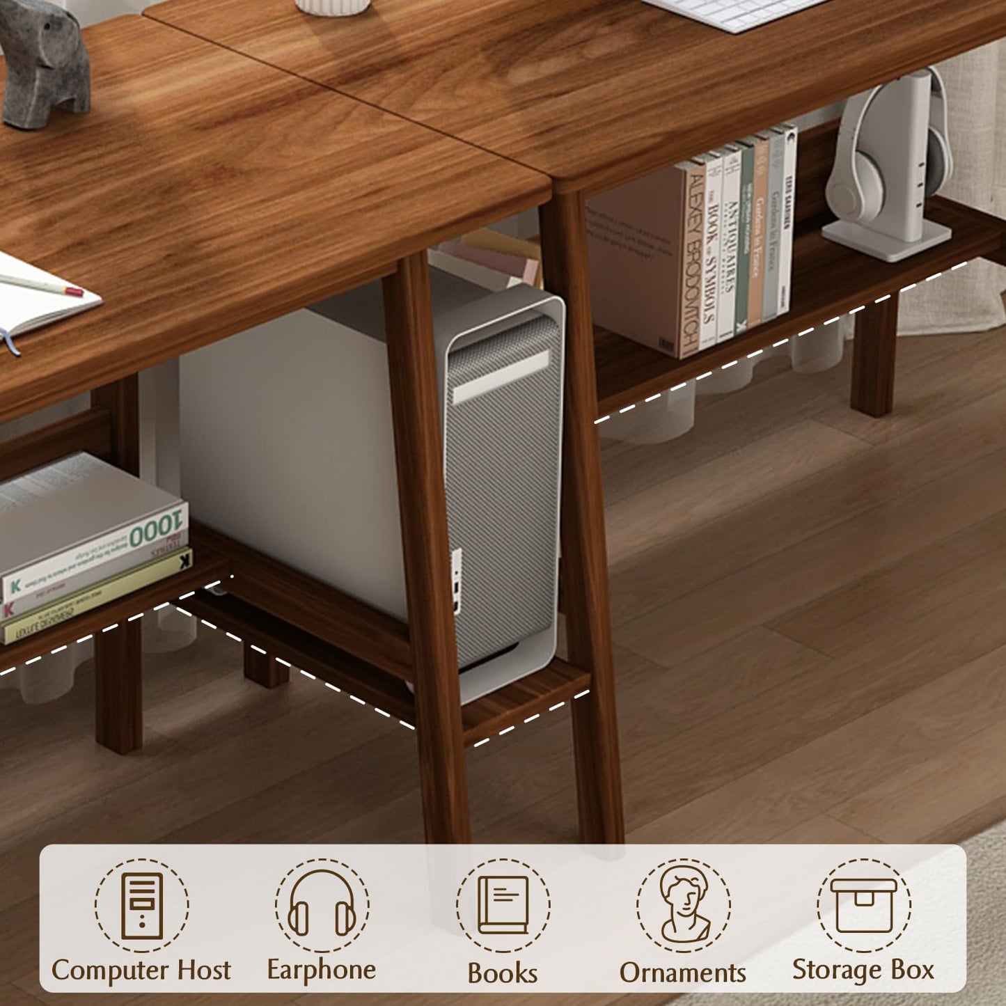 NELYE 2-Person Writing Desk with Bookshelf - 94" Wooden Extra Long Home Office Work Table, Double Study Computer Workstation with Storage Shelves in Walnut, 94" W x 24" D