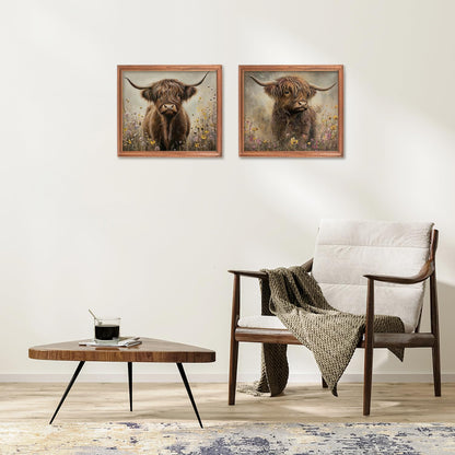 RLTXBUK 2 Pack Vintage Moody Highland Cow Diamond Art Kits, Gifts for Cow Lovers, Farmhouse Wildflowers Highland Cattle Gem Diamond Painting Art Kits for Adults Kids Beginners, 9.8x11.8 Inch