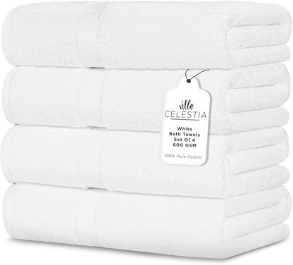 600 100% Set 4, 4 Pack 4 GSM Cotton Bath Towels, White, of Highly Absorbent, Plush, Soft, Quick Dry, Pieces Combed